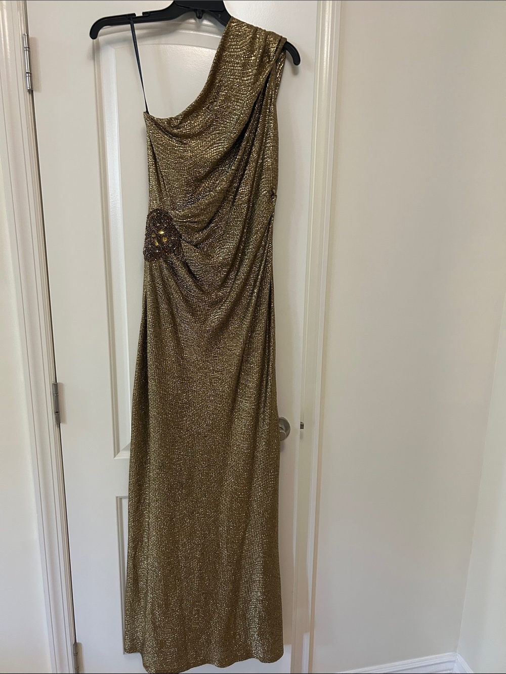 David Meister One-Shoulder Gold Metallic Evening Gown